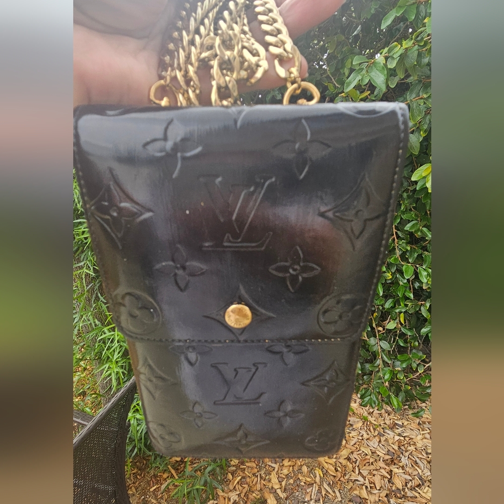 Louis Vuitton Black Trifold Wallet with Gold Accents And With Crossbody Strap